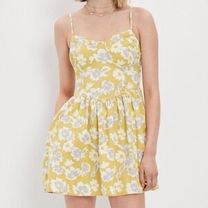 American Eagle Floral Mini Dress Smocked Bustier Sundress Small Yellow Lavender